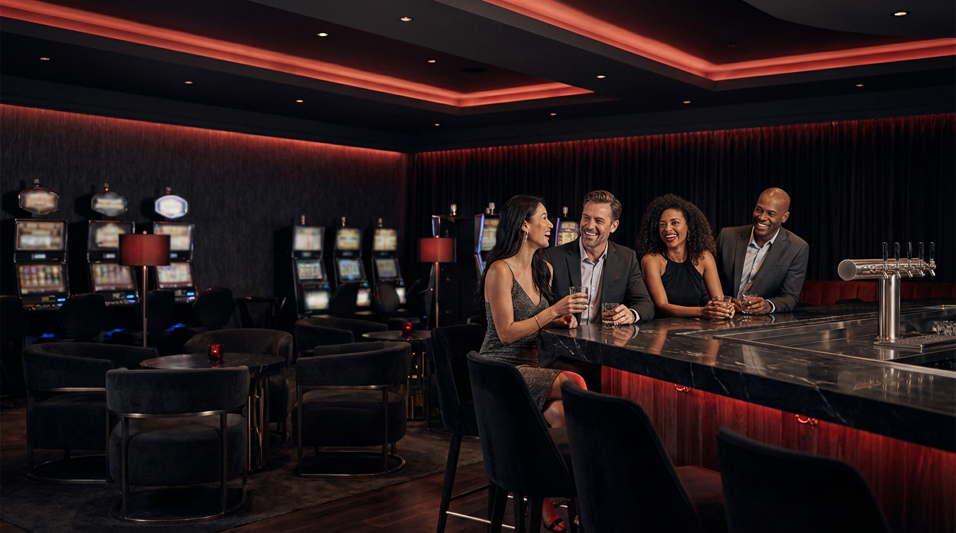 Bar moderno con copas y tragaperras